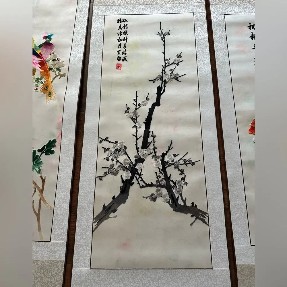 Vintage Chinese Silk Kesi Needlepoint Embroidered Tapestry Scroll 5 Panels Piece